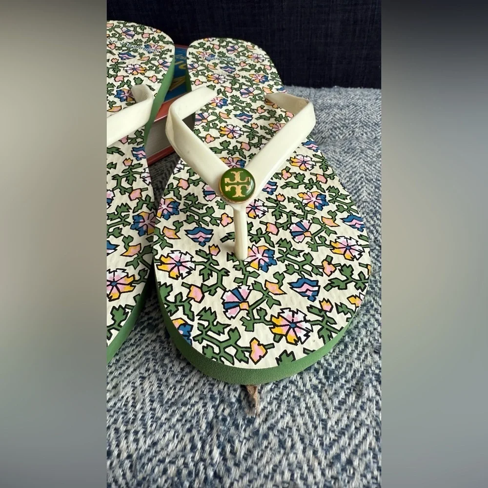 Tory Burch Wild Pansy Cream and Green Sandals with Floral Design